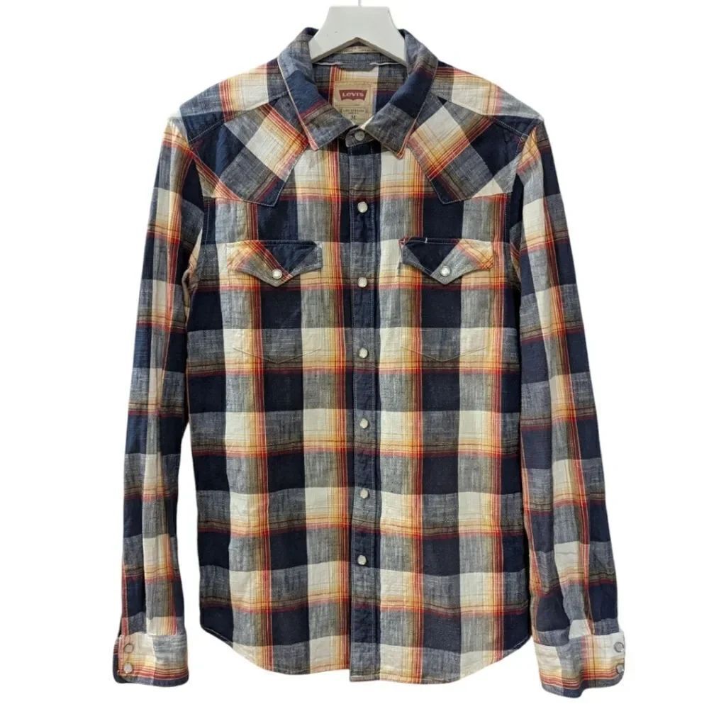 Levi's Men's Medium Western Cowboy Pearl Snap Plaid Long Sleeve Shirt Blue Rust
